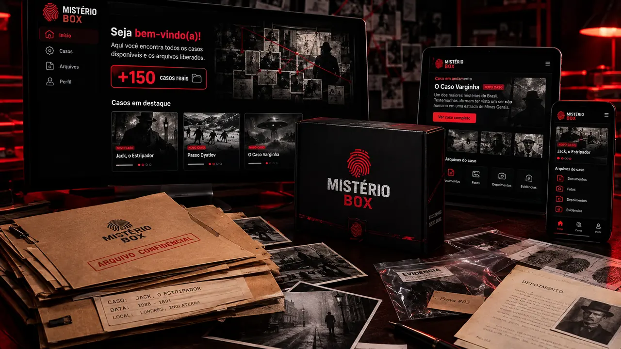 Área exclusiva Mistério Box exibida em computador, tablet e celular ao lado dos arquivos de investigação